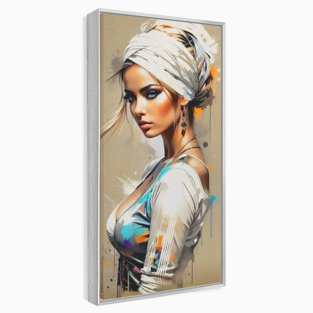 Tablou canvas cu tablou canvas cu portret de femeie, in rama de aluminiu argintiu